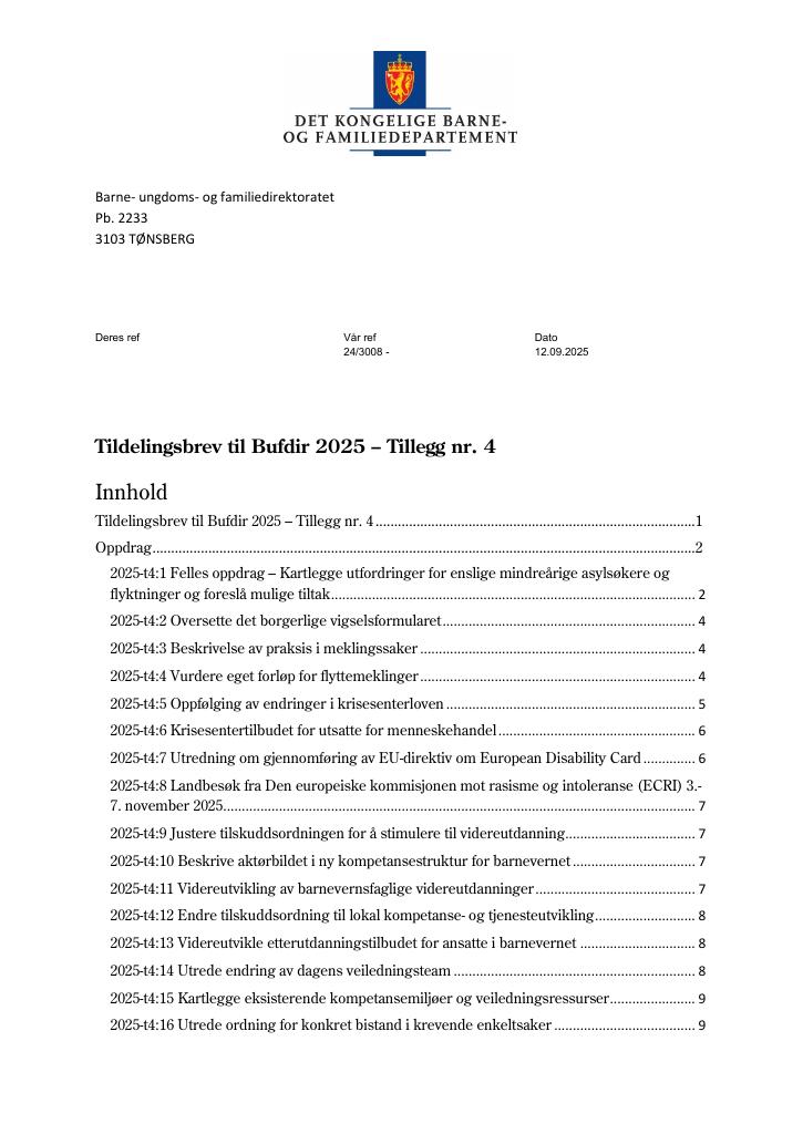 Forsiden av dokumentet Tildelingsbrev Bufdir 2025 - tillegg nr. 4