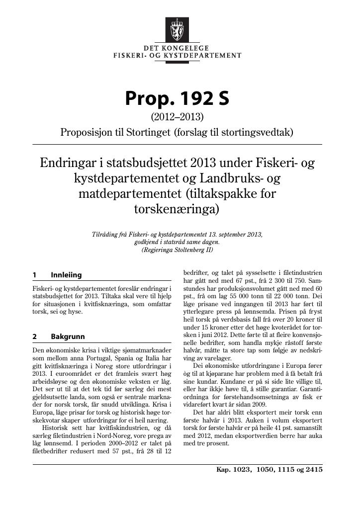 Forsiden av dokumentet Prop. 192 S (2012–2013)