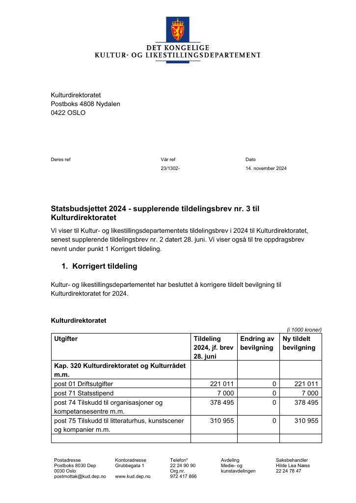 Forsiden av dokumentet Tildelingsbrev Kulturdirektoratet 2024 - tillegg nr. 3