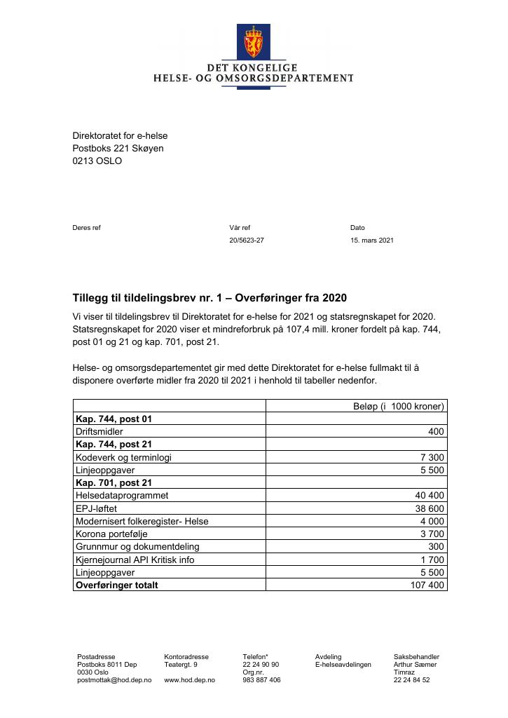 Forsiden av dokumentet Tildelingsbrev Direktoratet for e-helse 2021 - tillegg nr. 1