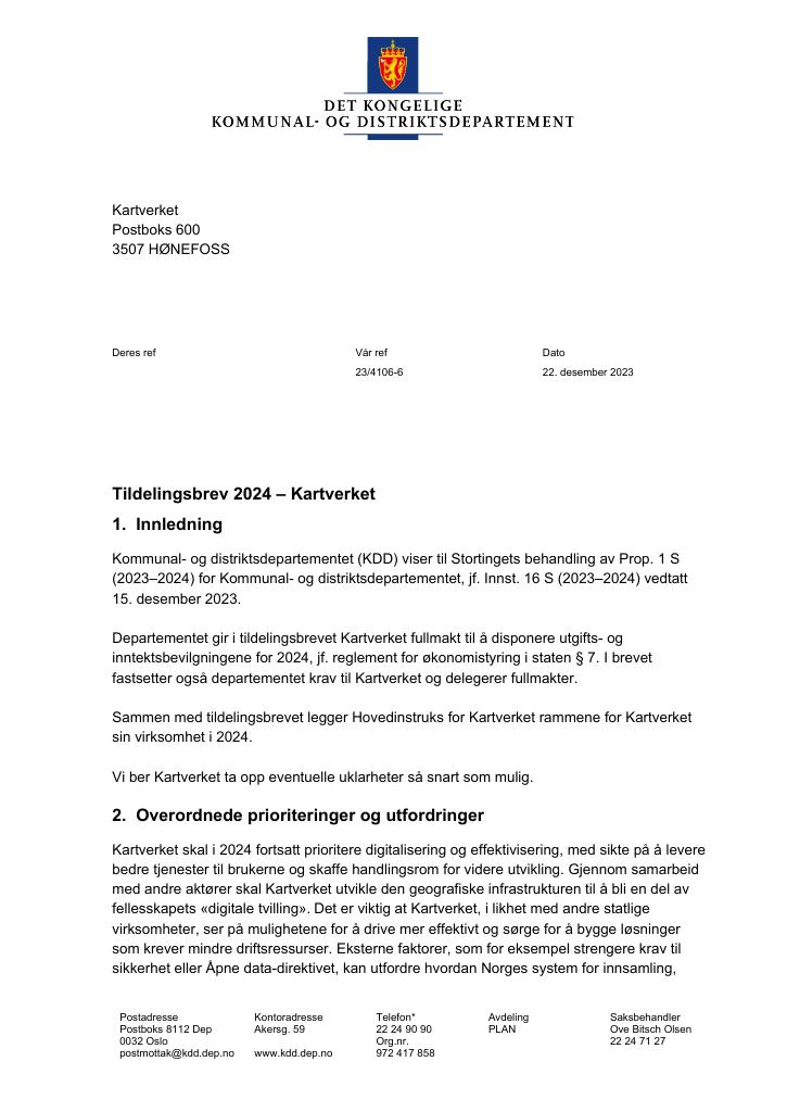 Forsiden av dokumentet Tildelingsbrev Kartverket 2024 (pdf)