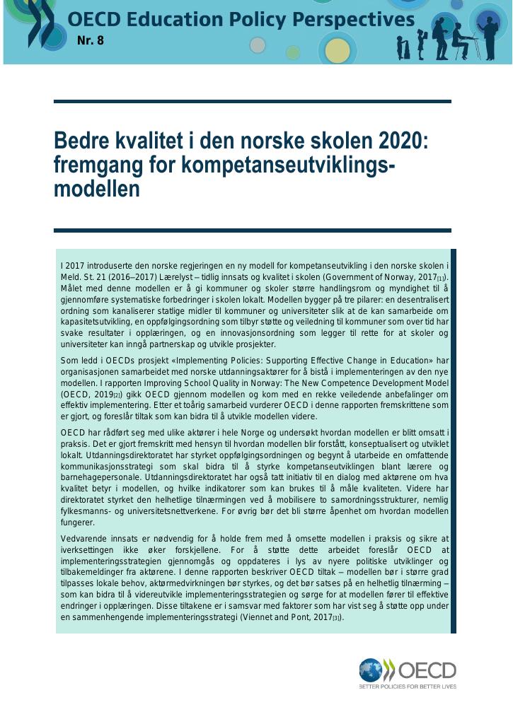 Forsiden av dokumentet Bedre kvalitet i den norske skolen 2020: fremgang for kompetanseutviklingsmodellen