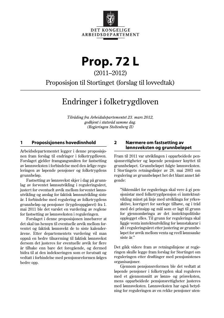 Forsiden av dokumentet Prop. 72 L (2011–2012)