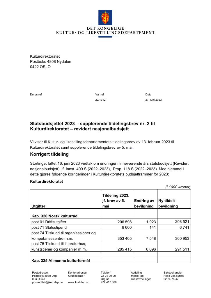 Forsiden av dokumentet Supplerende tildelingsbrev nr. 2 - 2023 (.pdf)