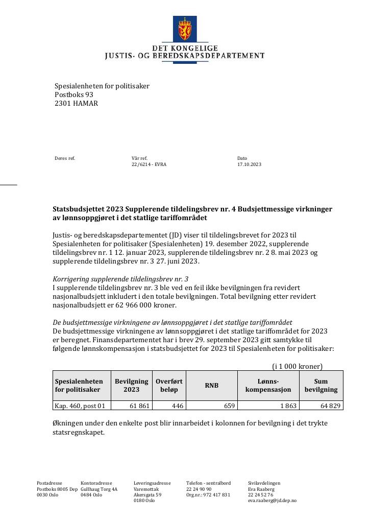 Forsiden av dokumentet Tildelingsbrev Spesialenheten for politisaker 2023 - tillegg nr. 4