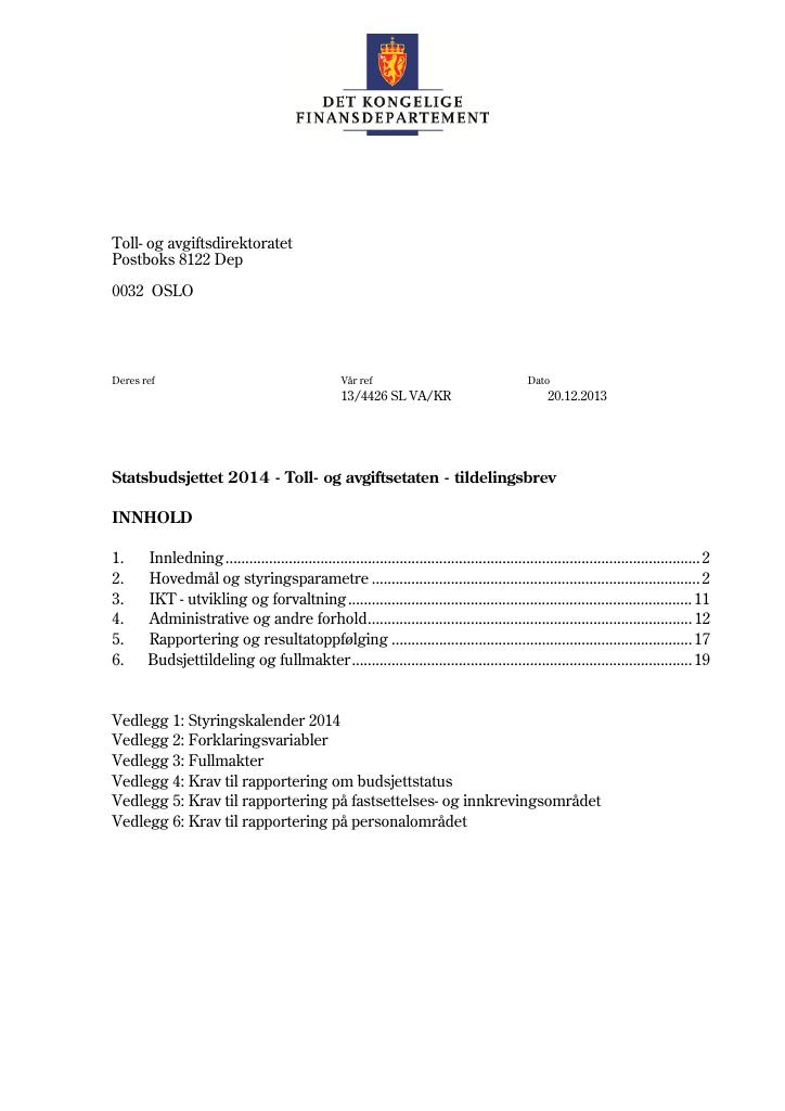 Forsiden av dokumentet Tildelingsbrev (pdf)