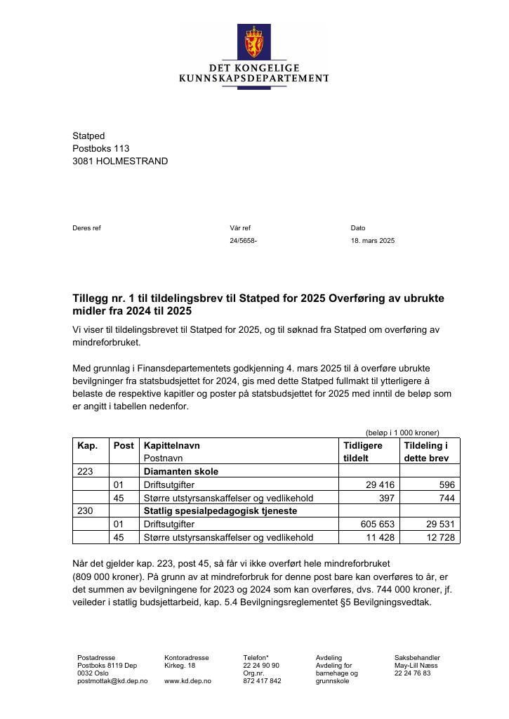 Forsiden av dokumentet Tildelingsbrev Statped 2025 - tillegg nr. 1