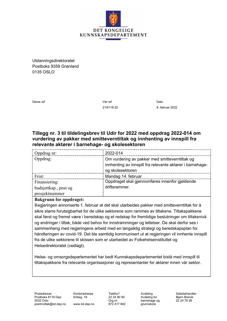 Forsiden av dokumentet Tildelingsbrev Utdanningsdirektoratet 2022 - tillegg nr. 3