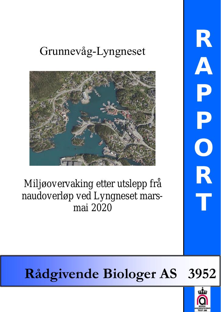 Forsiden av dokumentet Grunnevåg-Lyngneset. Miljøovervaking etter utslepp frå naudoverløp ved Lyngneset mars-mai 2020