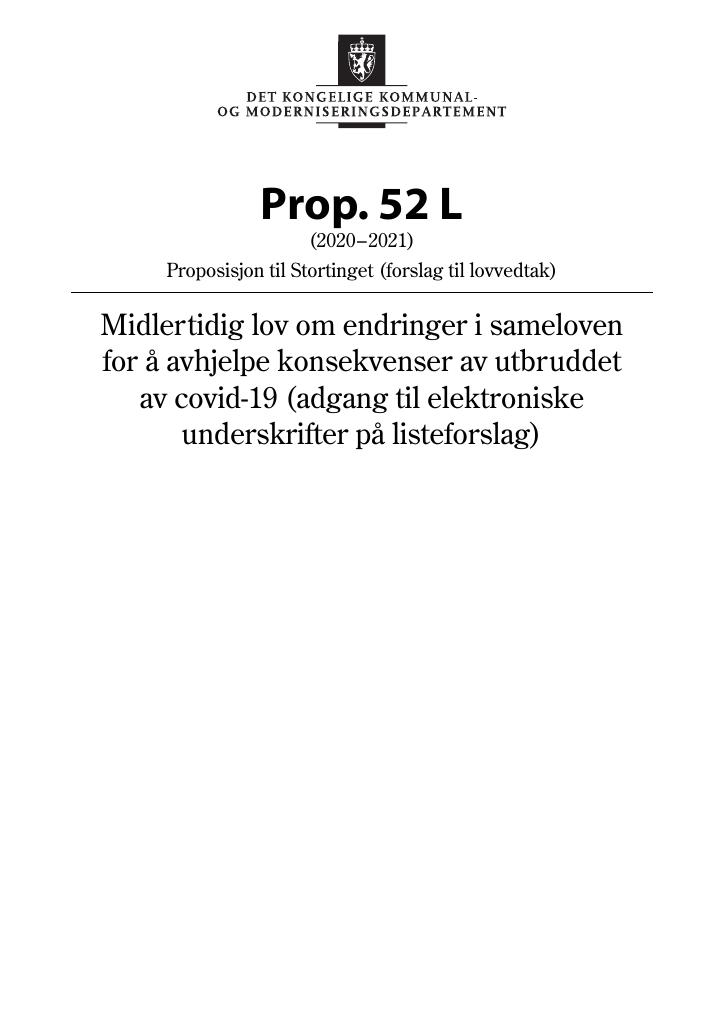 Forsiden av dokumentet Prop. 52 L (2020–2021)