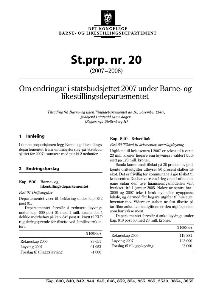 Forsiden av dokumentet St.prp. nr. 20 (2007-2008)