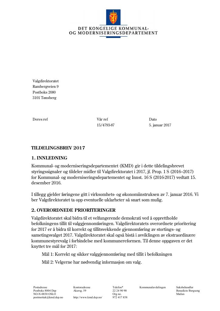 Forsiden av dokumentet Tildelingsbrev (pdf)