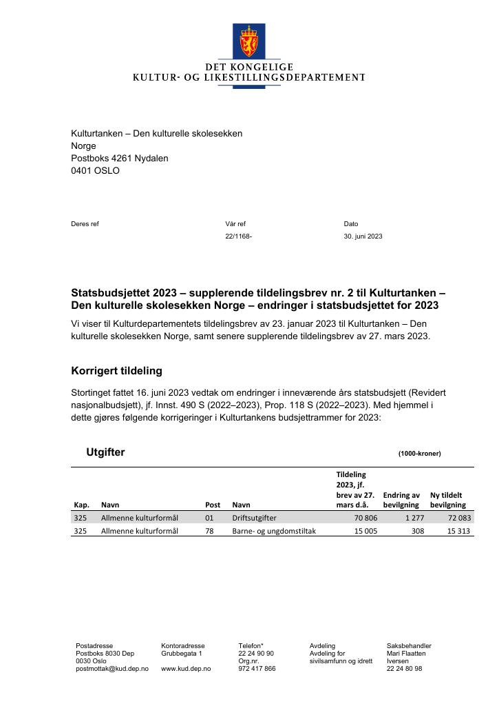 Forsiden av dokumentet Supplerende tildelingsbrev nr. 2 2023 (.pdf)