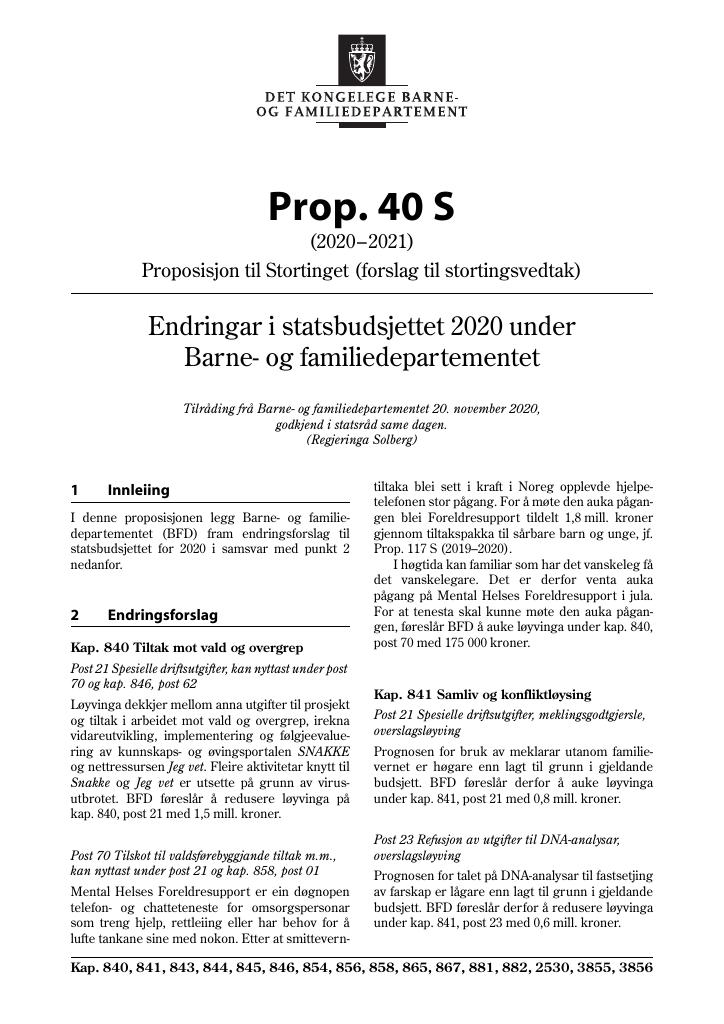 Forsiden av dokumentet Prop. 40 S (2020–2021)