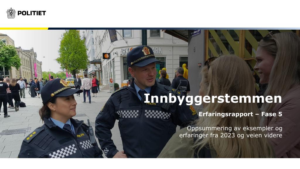 Forsiden av dokumentet Innbyggerstemmen Erfaringsrapport – Fase 5 - 
Oppsummering av eksempler og erfaringer fra 2023 og veien videre