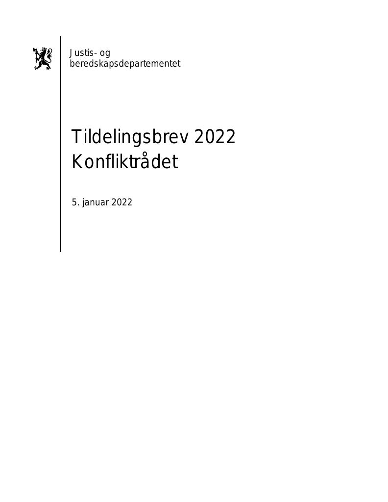 Forsiden av dokumentet Tildelingsbrev Konfliktrådet 2022