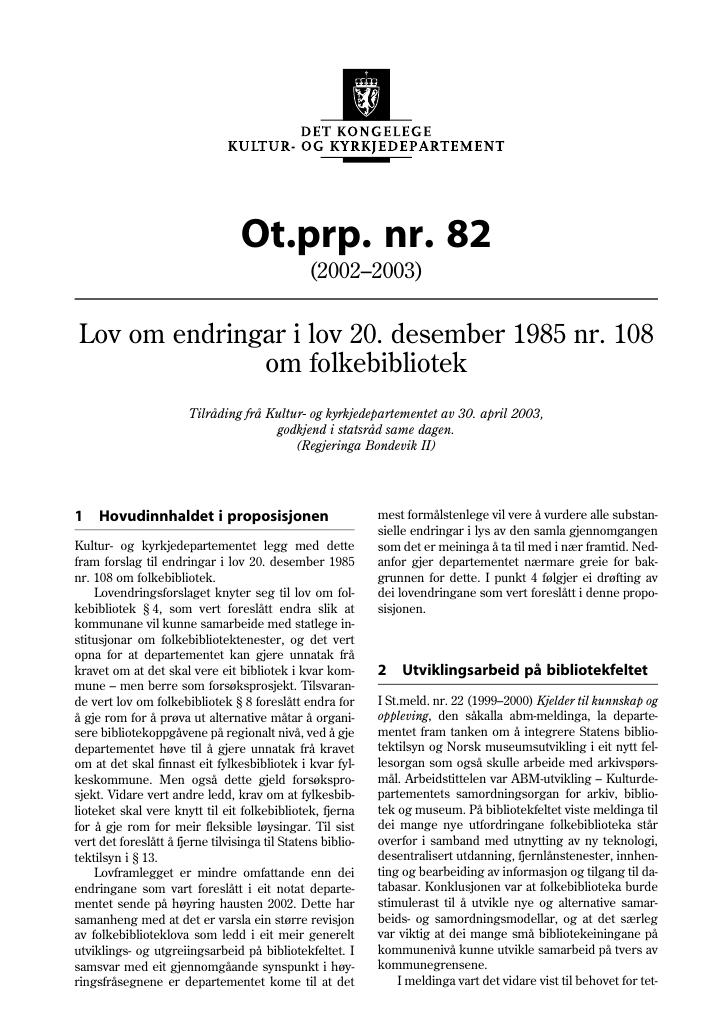Forsiden av dokumentet Ot.prp. nr. 82 (2002-2003)
