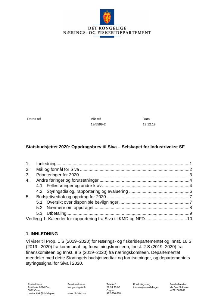 Forsiden av dokumentet Oppdragsbrev Siva 2020