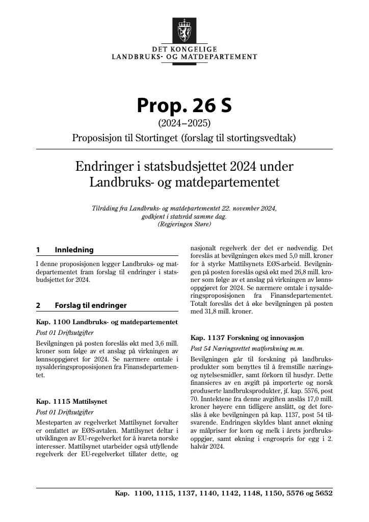 Forsiden av dokumentet Prop. 26 S (2024–2025)