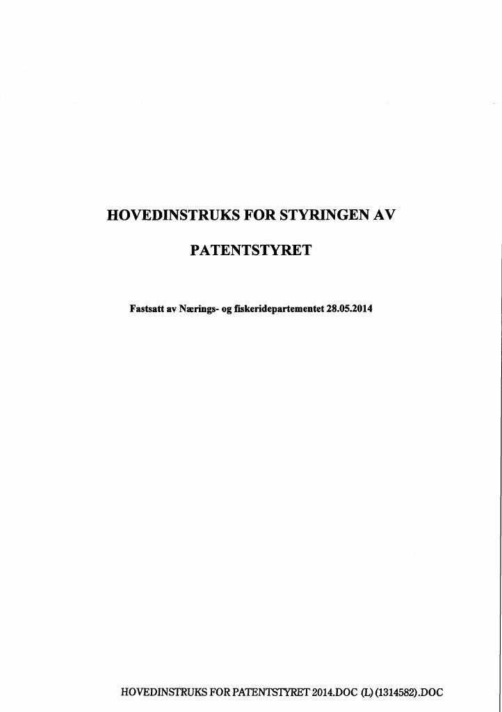 Forsiden av dokumentet Hovedinstruks Patentstyret 2014