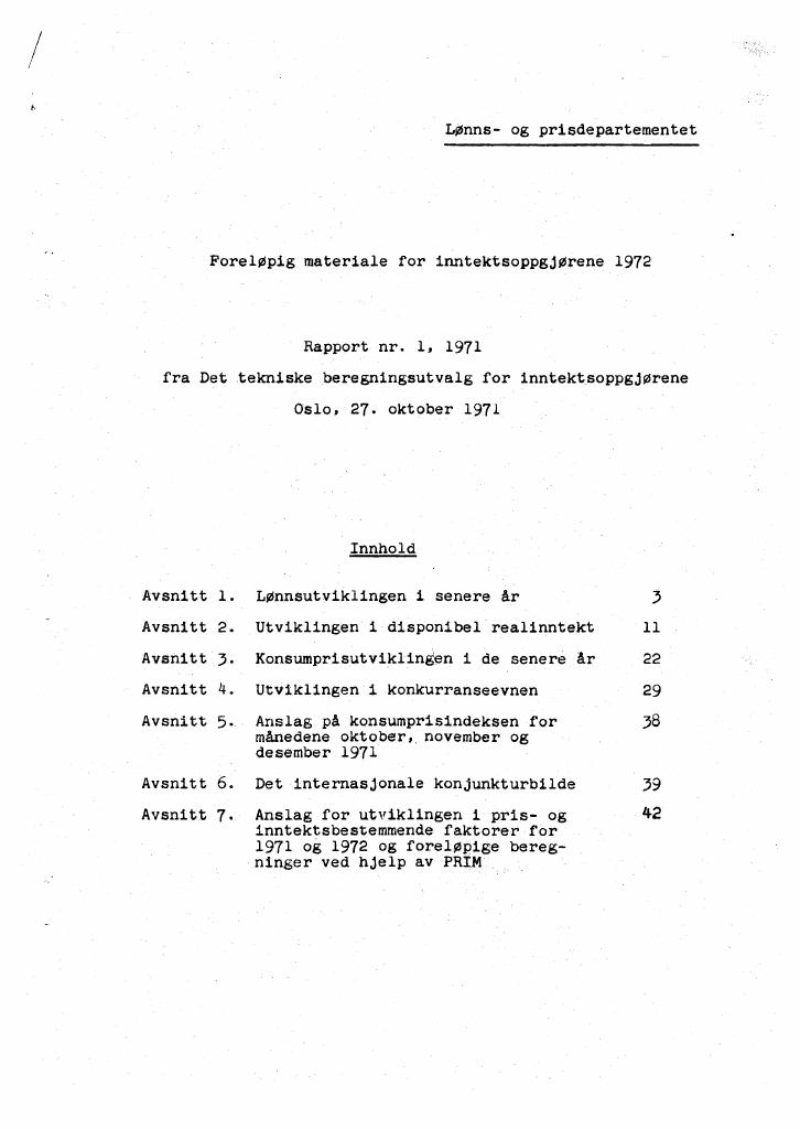 Forsiden av dokumentet Foreløpig materiale for inntektsoppgjørene 1972