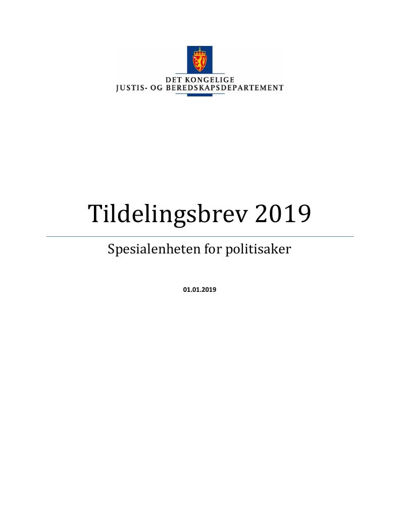 Forsiden av dokumentet Tildelingsbrev Spesialenheten for politisaker 2019