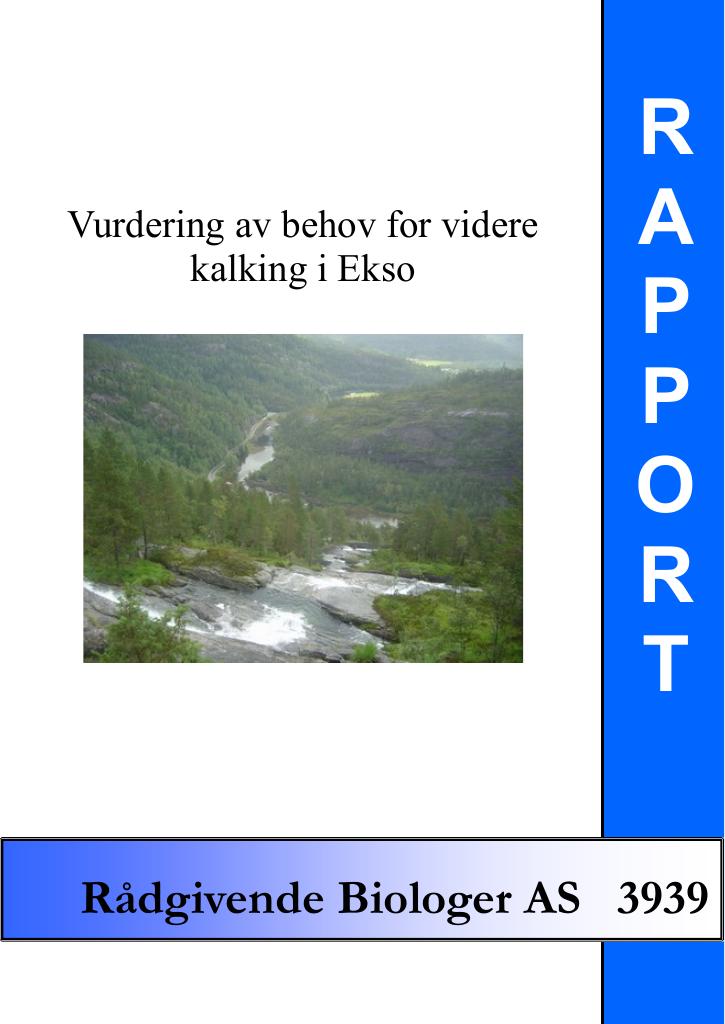 Forsiden av dokumentet Vurdering av behov for videre kalking i Ekso