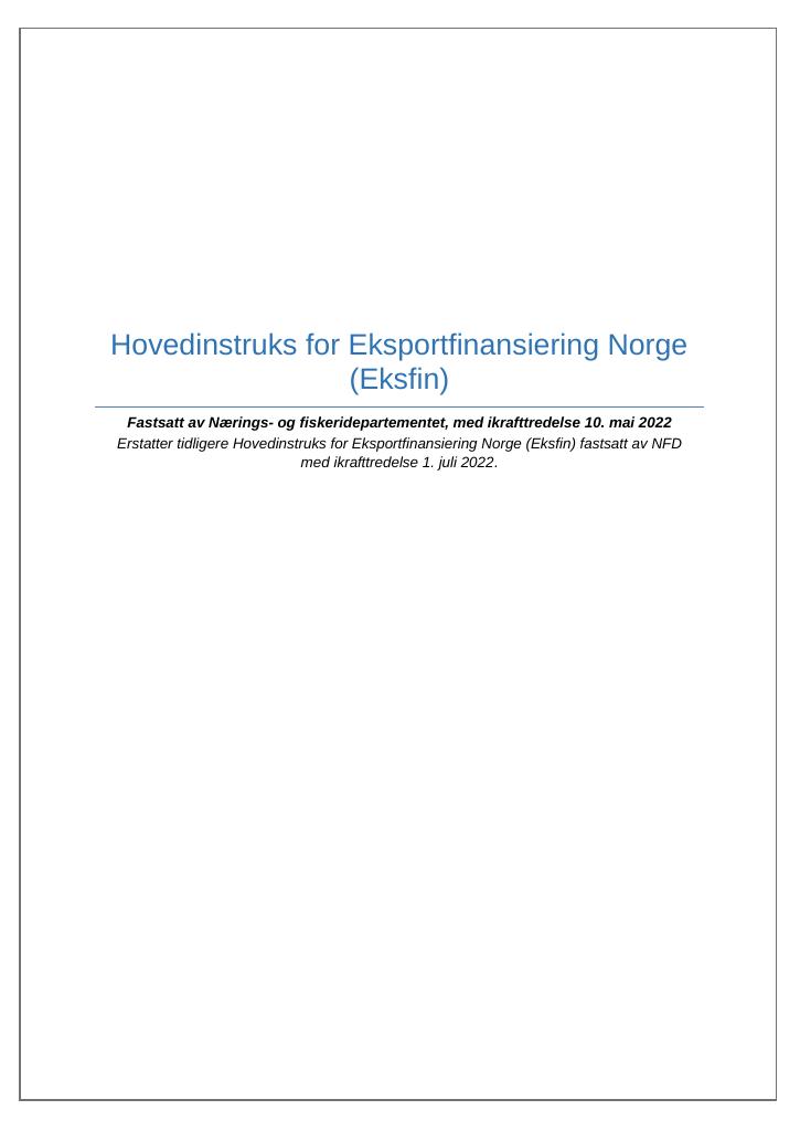 Forsiden av dokumentet Hovedinstruks Eksportfinansiering Norge 2022