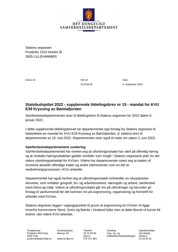 Forsiden av dokumentet Tildelingsbrev Statens vegvesen 2022 - tillegg nr. 15