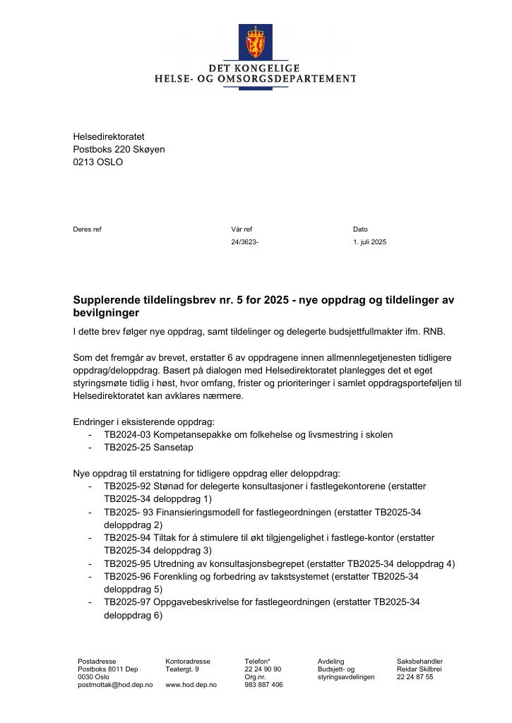 Forsiden av dokumentet Tildelingsbrev Helsedirektoratet 2025 - tillegg nr. 5