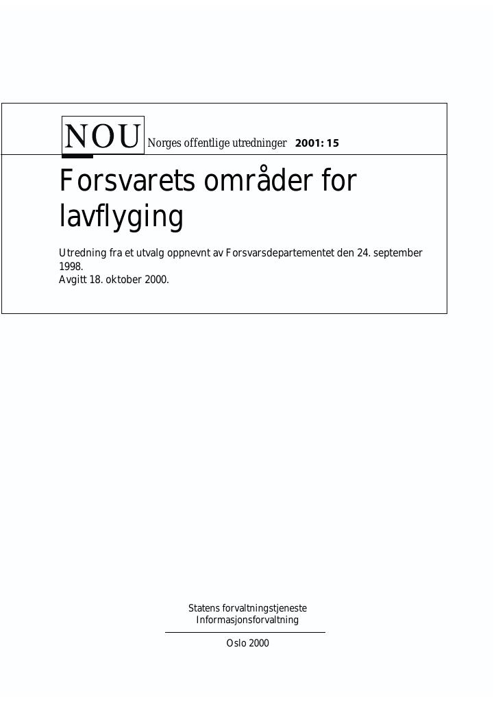 Forsiden av dokumentet NOU 2001: 15 - Forsvarets områder for lavflyging