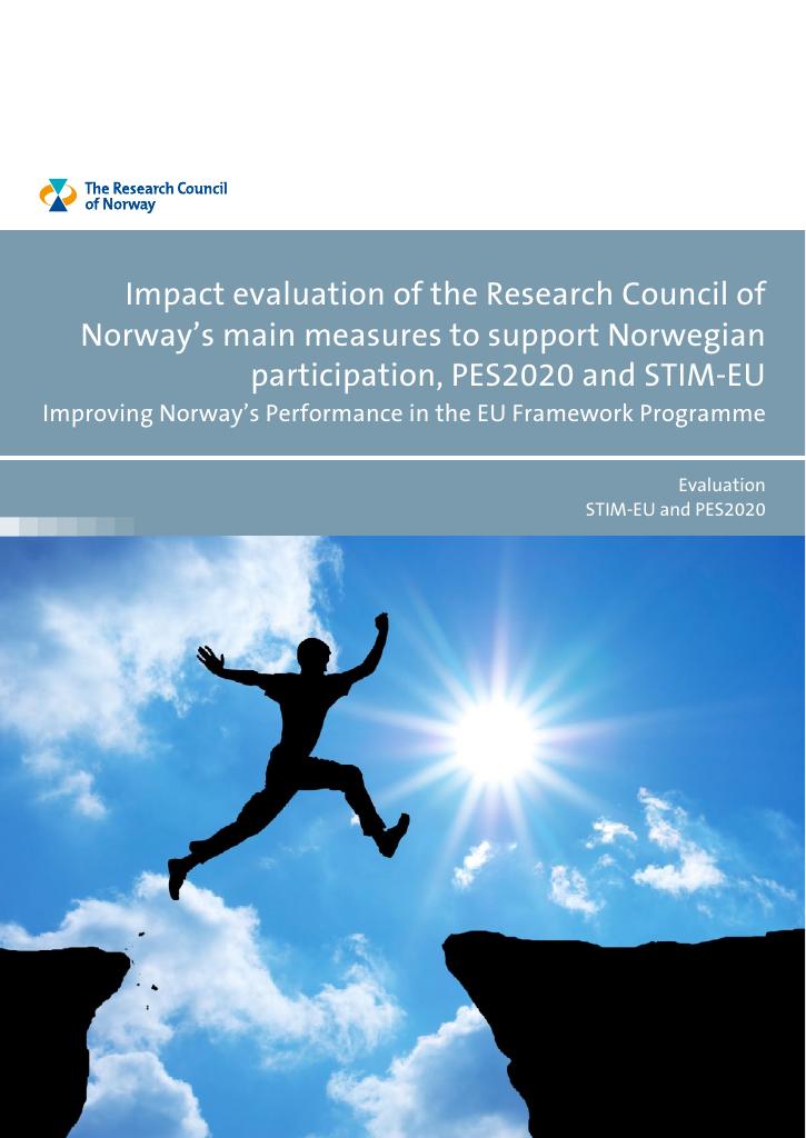 Forsiden av dokumentet Impact evaluation of the Research Council of Norway’s main measures to support Norwegian participation, PES2020 and STIM-EU