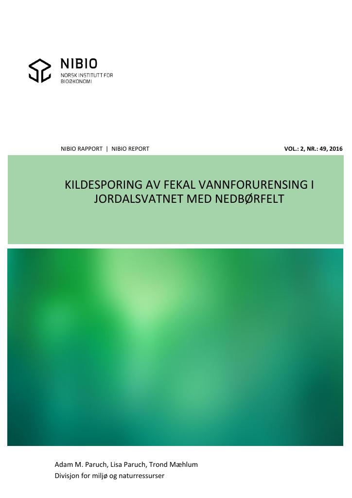 Forsiden av dokumentet Kildesporing av fekal vannforurensing i Jordalsvatnet med nedbørsfelt