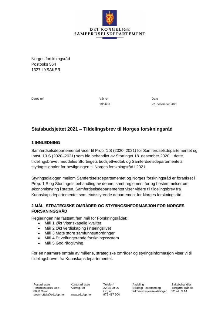 Forsiden av dokumentet Tildelingsbrev Norges forskningsråd 2021
