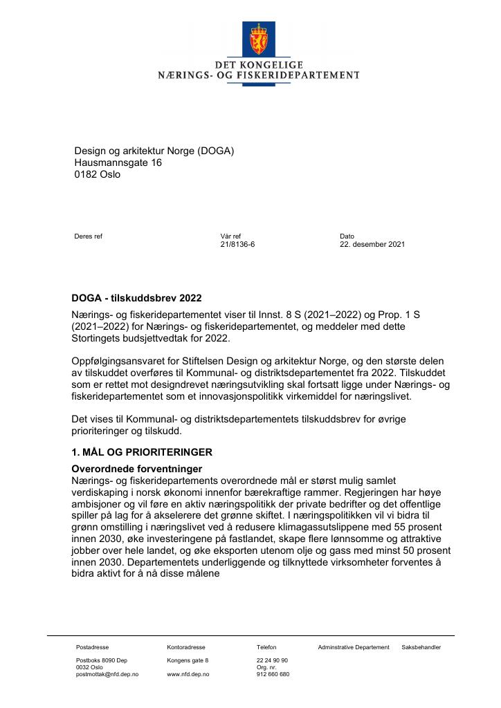 Forsiden av dokumentet Tilskuddsbrev DOGA 2022