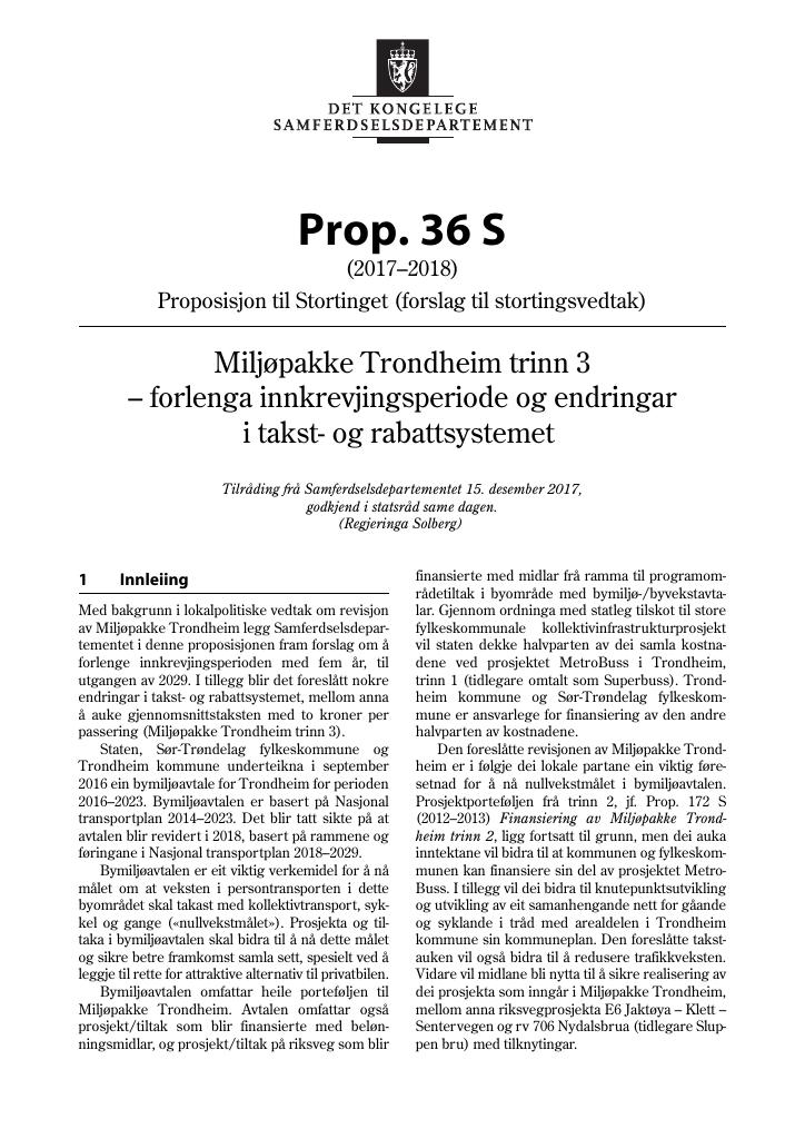 Forsiden av dokumentet Prop. 36 S (2017–2018)
