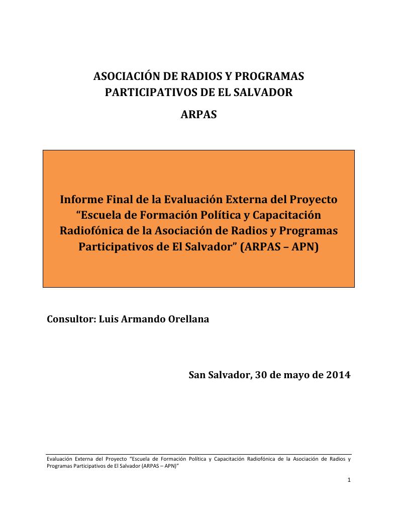 Forsiden av dokumentet External Evaluation of the project Political and Radio Broadcasting Training School 2012-2014