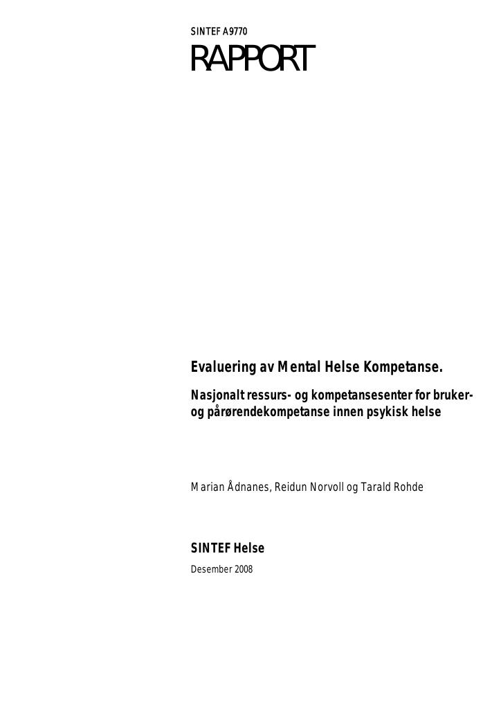 Forsiden av dokumentet Evaluering av Mental helse kompetanse