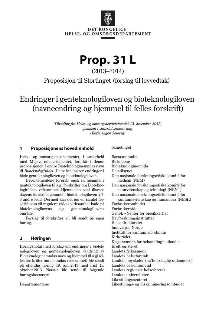 Forsiden av dokumentet Prop. 31 L (2013–2014)