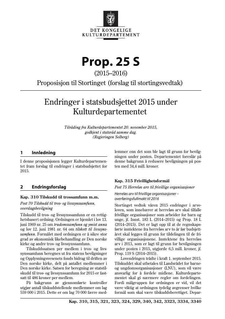 Forsiden av dokumentet Prop. 25 S (2015–2016)