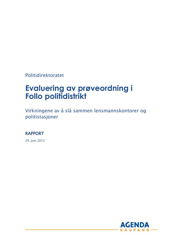 Forsiden av dokumentet Evaluering av prøveordning i Follo politidistrikt