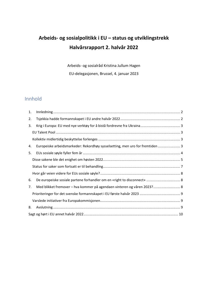 Forsiden av dokumentet Arbeids- og sosialpolitikk i EU – status og utviklingstrekk. Halvårsrapport 2. halvår 2022