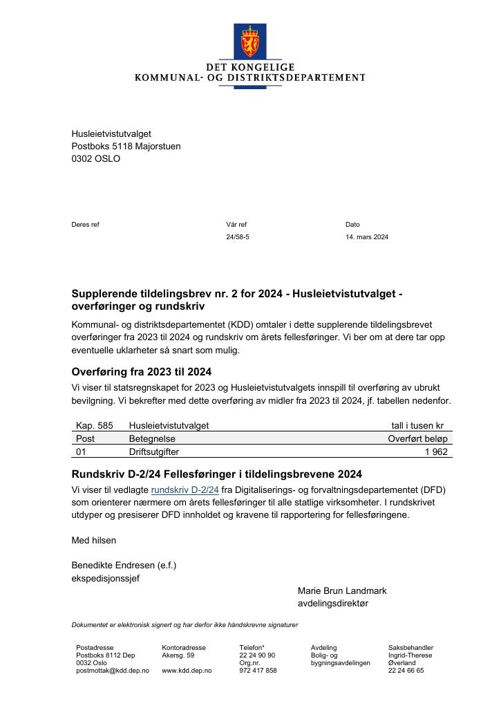 Forsiden av dokumentet Supplerende tildelingsbrev nr. 2 for 2024 (pdf)