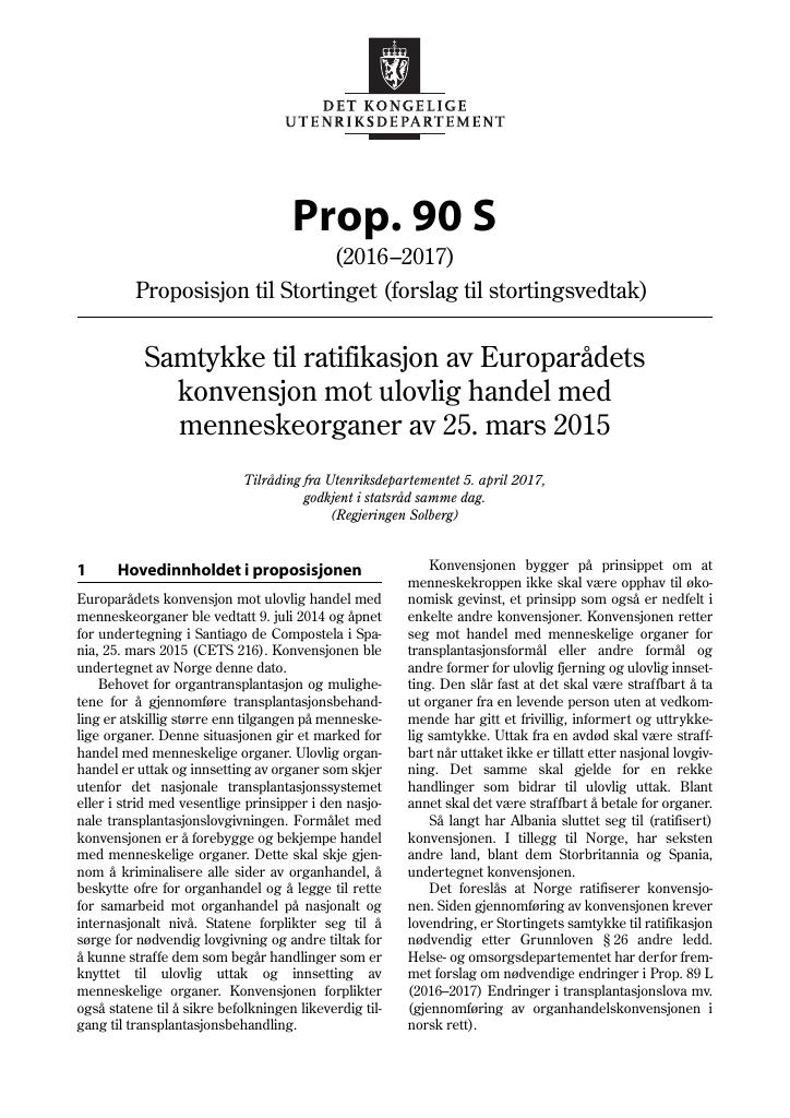 Forsiden av dokumentet Prop. 90 S (2016–2017)