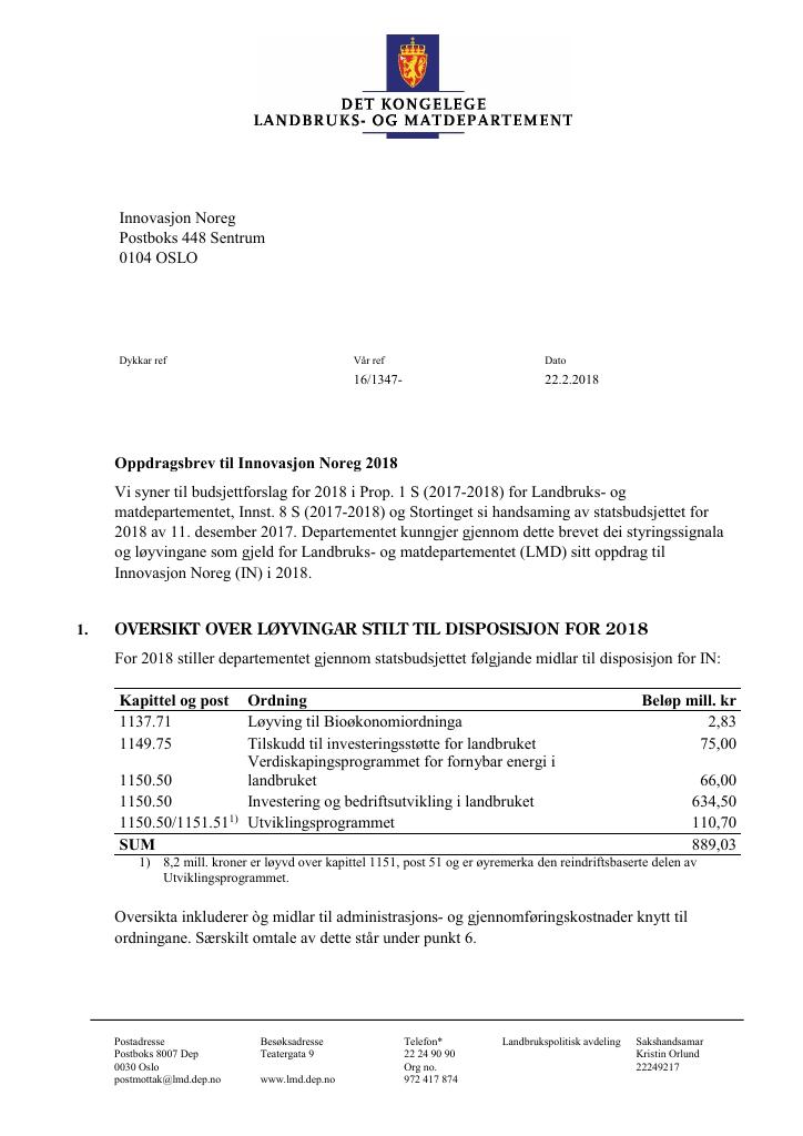 Forsiden av dokumentet Tildelingsbrev Innovasjon Norge 2018