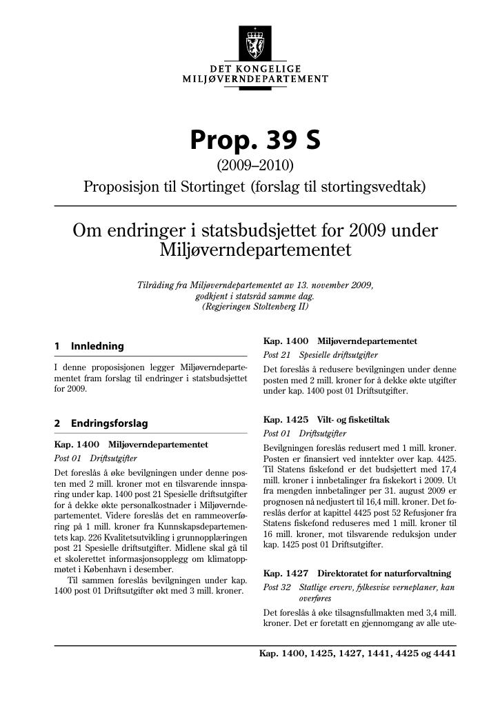 Forsiden av dokumentet Prop. 39 S (2009-2010)