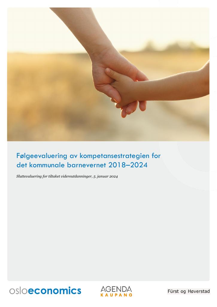 Forsiden av dokumentet Følgeevaluering av kompetansestrategien for det kommunale barnevernet 2018–2024. Sluttevaluering for tiltaket videreutdanninger
