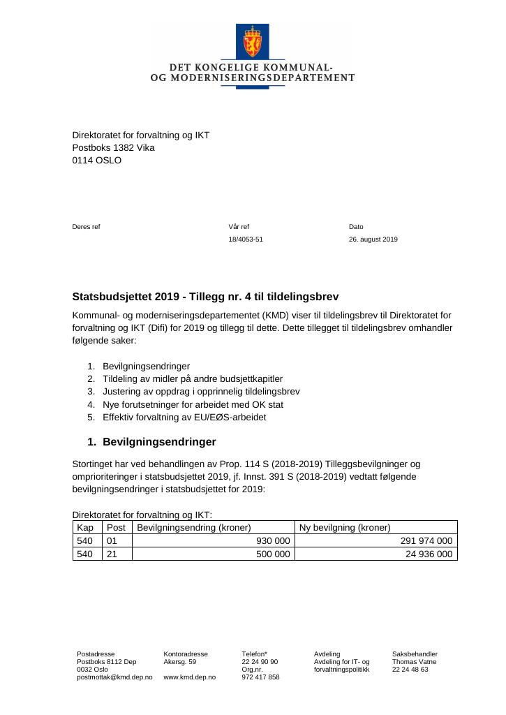 Forsiden av dokumentet Tildelingsbrev Direktoratet for forvaltning og IKT 2019 - tillegg nr. 4