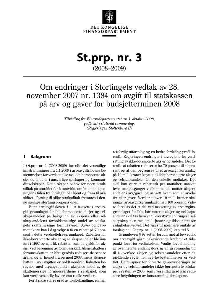Forsiden av dokumentet St.prp. nr. 3 (2008-2009)