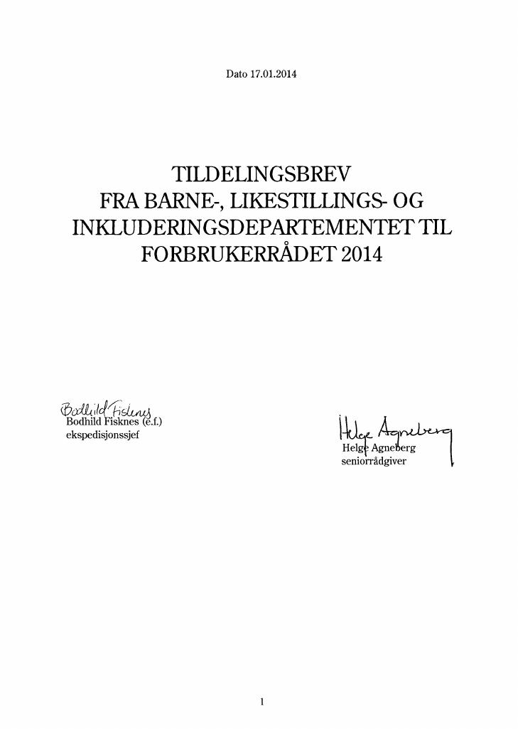 Forsiden av dokumentet Tildelingsbrev 2014